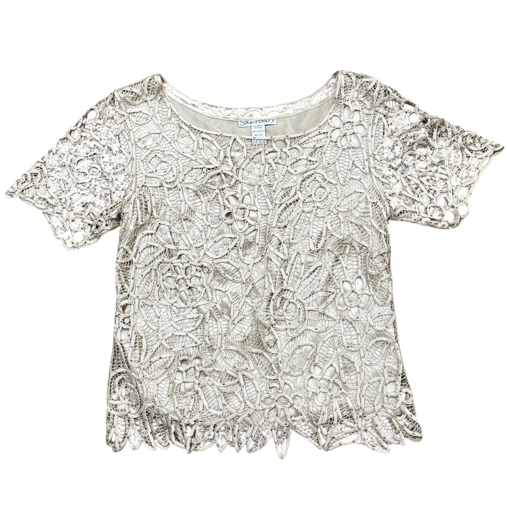 Silken Poetry Women's VTG Beige Lace Crochet Beaded Short Sleeve Top Size M